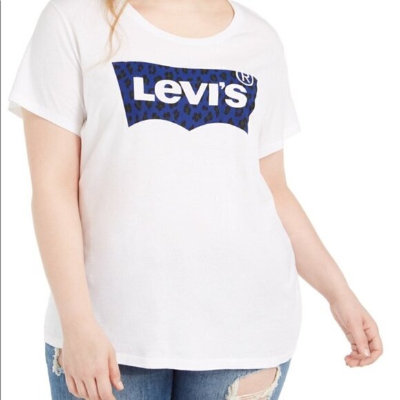 Levis Womens White T-Shirt Leopard Batwing Logo 1X - Picture 2 of 11